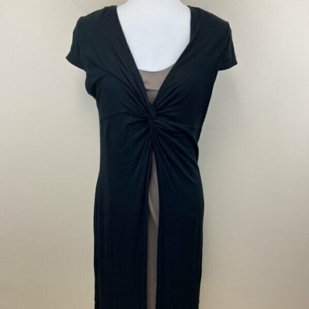 Lily Brand M Black Dark Tan Knot Bodice Slit Front Dress Stretch Knit